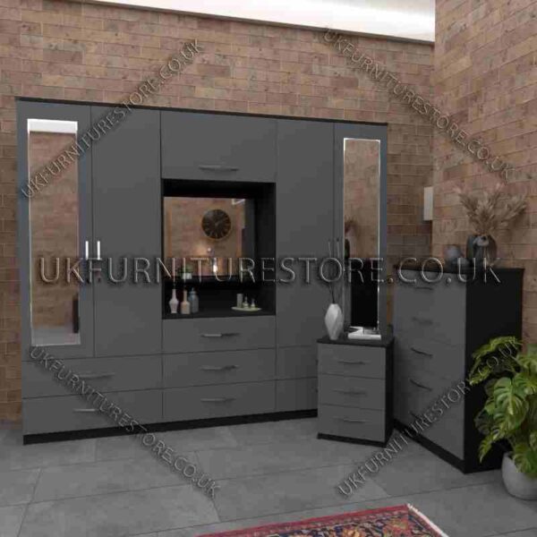 Front Gray Side Black 4 Door 2 Mirrored Wardrobe, Vanity, Drawers, Chest Set