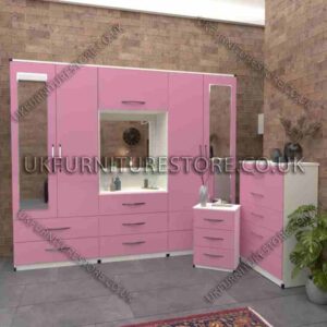 Front Pink Side White 4 Door 2 Mirrored Wardrobe, Vanity, Drawers, Chest Set