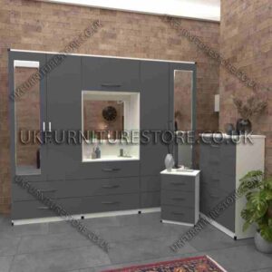 Front Gray Side White 4 Door 2 Mirrored Wardrobe, Vanity, Drawers, Chest Set