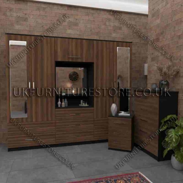 Front Walnut side Black 4 Door 2 Mirrored Wardrobe, Vanity, Drawers, Chest Set