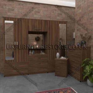 Walnut 4 Door 2 Mirrored Wardrobe, Vanity, Drawers, Chest Set