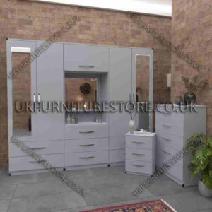 Silver 4 Door 2 Mirrored Wardrobe, Vanity, Drawers, Chest Set