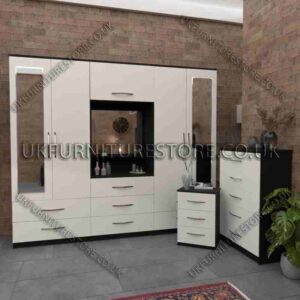 Front White Side Black 4 Door 2 Mirrored Wardrobe, Vanity, Drawers, Chest Set