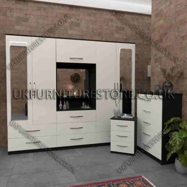 Front White Side Black 4 Door 2 Mirrored Wardrobe, Vanity, Drawers, Chest Set