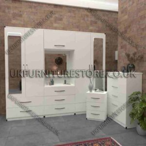 White 4 Door 2 Mirrored Wardrobe, Vanity, Drawers, Chest Set