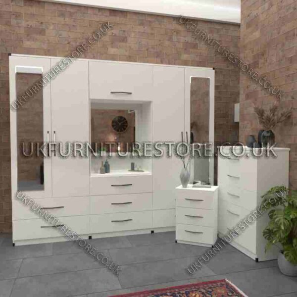 White 4 Door 2 Mirrored Wardrobe, Vanity, Drawers, Chest Set