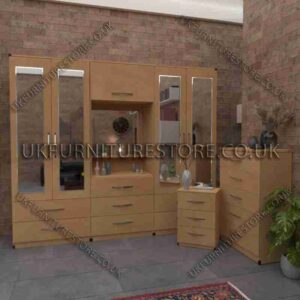 Beech 4 Door mirrored wardrobe, vanity, drawers, and chest set
