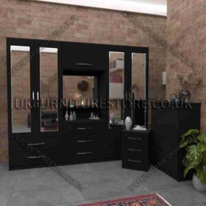 Black 4 Door Mirrored Wardrobe, Vanity, Drawers, Chest Set