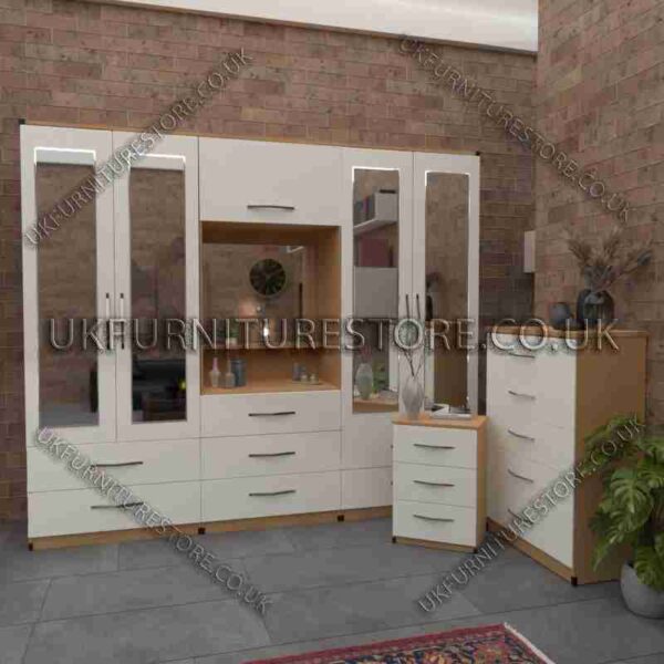 White 4 Door Mirrored Wardrobe, Vanity, Drawers, Chest Set