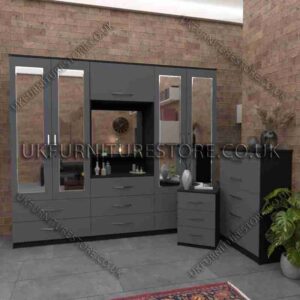 Grey 4 Door Mirrored Wardrobe, Vanity, Drawers, Chest Set