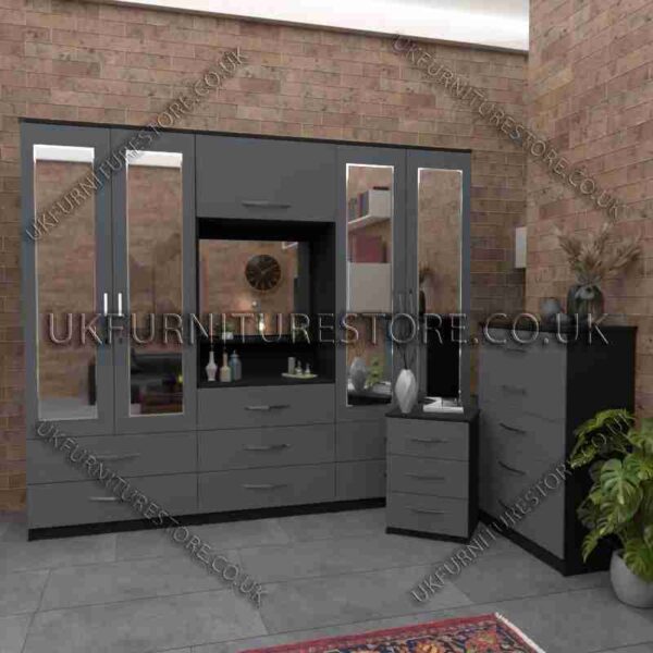 Grey 4 Door Mirrored Wardrobe, Vanity, Drawers, Chest Set