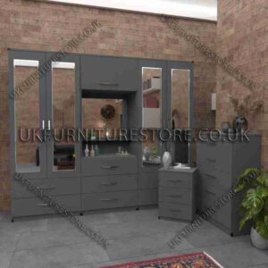 Grey 4 Door Mirrored Wardrobe, Vanity, Drawers, Chest Set
