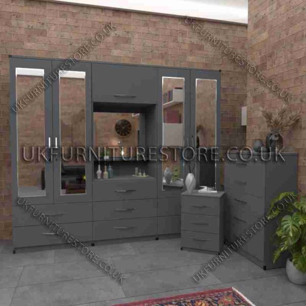 Grey 4 Door Mirrored Wardrobe, Vanity, Drawers, Chest Set