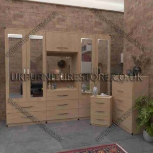 Oak 4 Door Mirrored Wardrobe, Vanity, Drawers, Chest Set