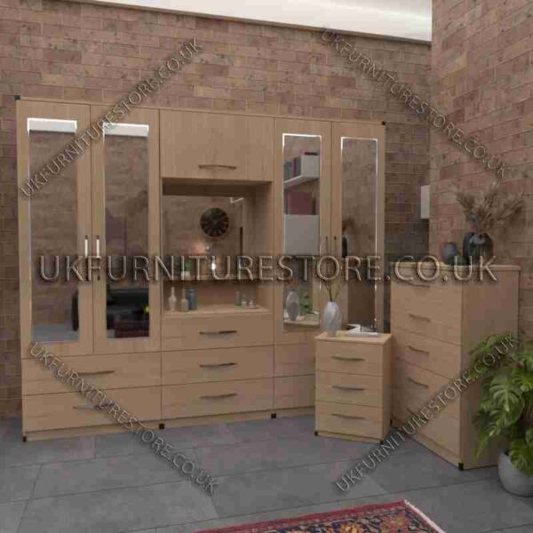 Oak 4 Door Mirrored Wardrobe, Vanity, Drawers, Chest Set