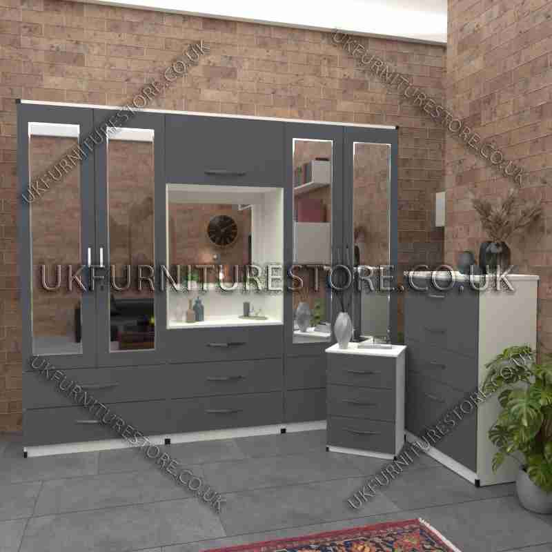 Front Gray Side White 4 Door Mirrored Wardrobe, Vanity, Drawers, Chest Set