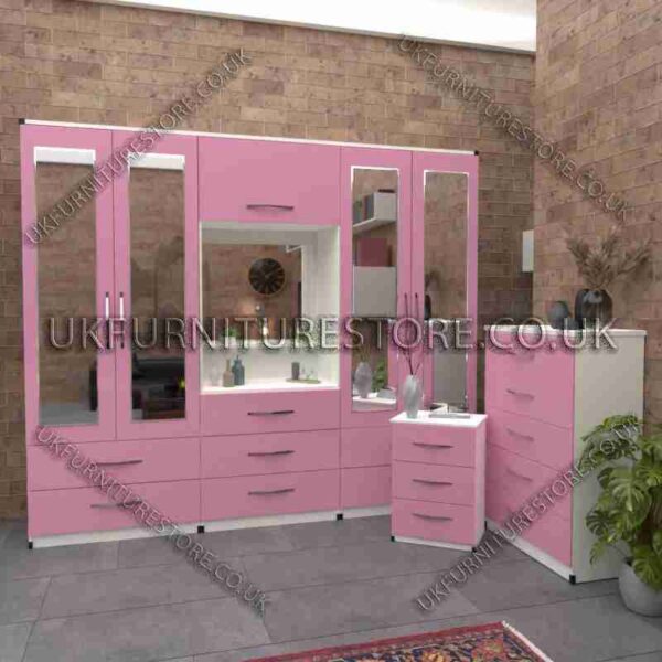 Front Pink Side White 4 Door Mirrored Wardrobe, Vanity, Drawers, Chest Set