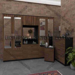 Walnut 4 Door Mirrored Wardrobe, Vanity, Drawers, Chest Set