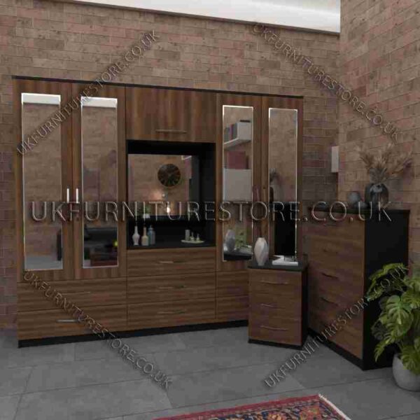 Walnut 4 Door Mirrored Wardrobe, Vanity, Drawers, Chest Set