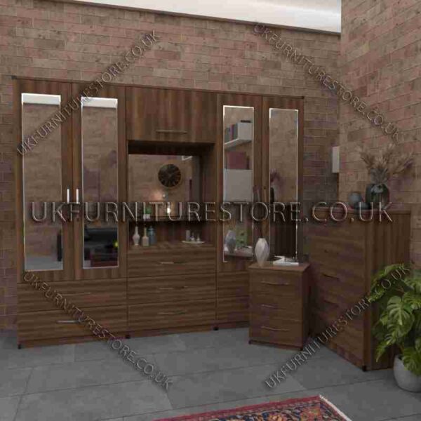 Walnut 4 Door Mirrored Wardrobe, Vanity, Drawers, Chest Set