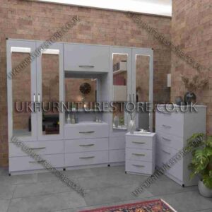 Silver 4 Door Mirrored Wardrobe, Vanity, Drawers, Chest Set