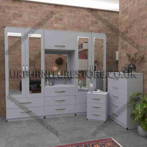 Silver 4 Door Mirrored Wardrobe, Vanity, Drawers, Chest Set