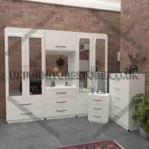 White 4 Door Mirrored Wardrobe, Vanity, Drawers, Chest Set