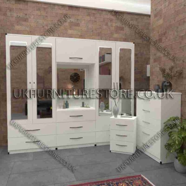 White 4 Door Mirrored Wardrobe, Vanity, Drawers, Chest Set