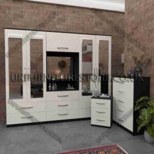 Front White Side Black 4 Door Mirrored Wardrobe, Vanity, Drawers, Chest Set