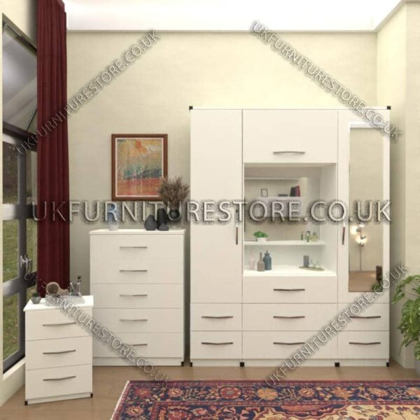 White 2 Door 1 Mirror Wardrobe & Vanity set With 7 Bottom Drawers
