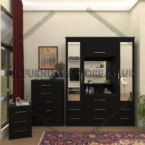 Black 2 Door mirrored Wardrobe Vanity Set with Drawers