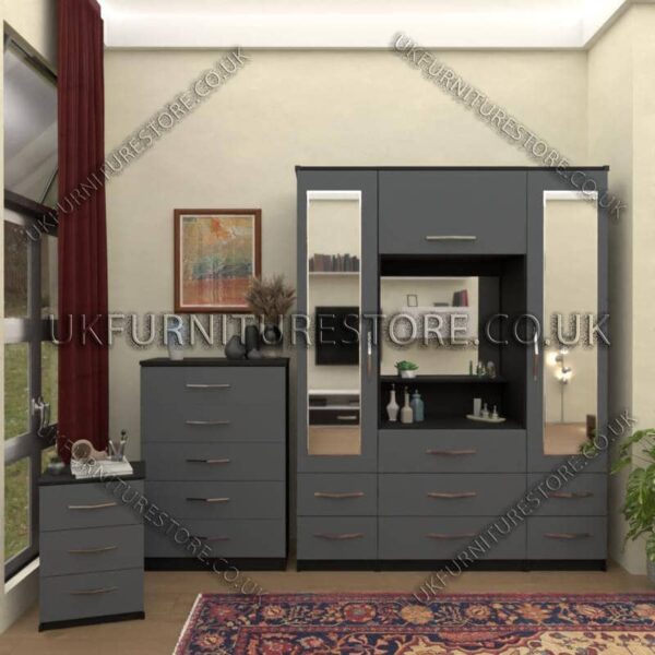 Front Gray Side Black 2 Door mirrored Wardrobe Vanity Set with Drawers