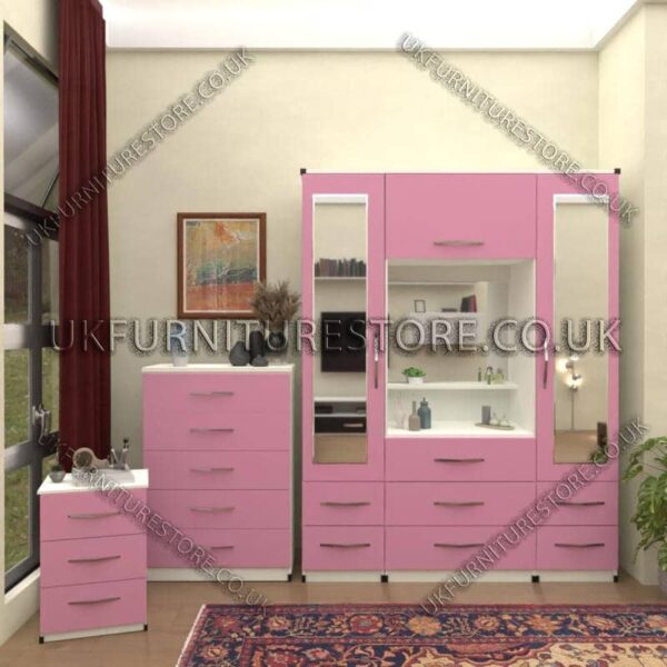 Front Pink Side White 2 Door mirrored Wardrobe Vanity Set with Drawers
