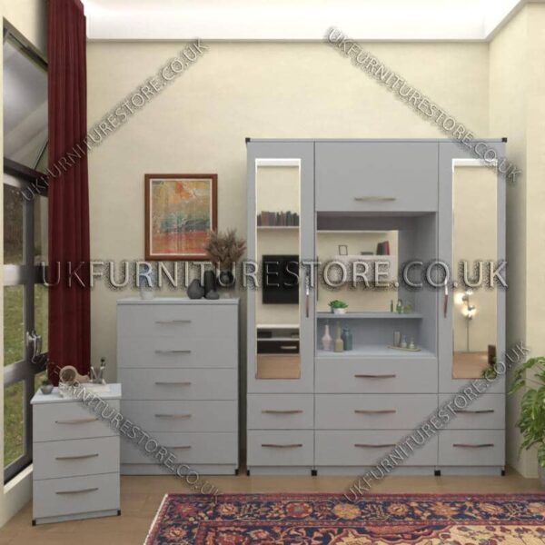 Silver 2 Door mirrored Wardrobe Vanity Set with Drawers