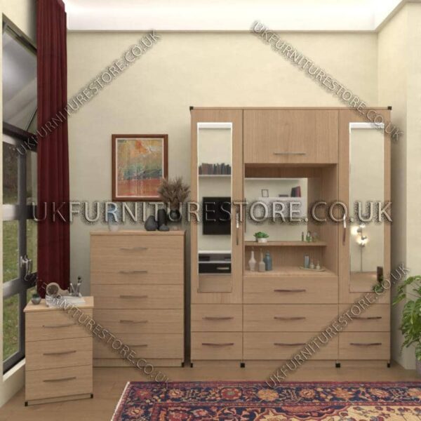 Oak 2 Door mirrored Wardrobe Vanity Set with Drawers