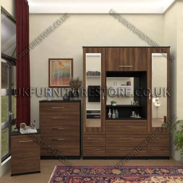 Front Walnut Side Black 2 Door mirrored Wardrobe Vanity Set with Drawers
