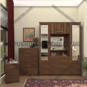 Walnut 2 Door mirrored Wardrobe Vanity Set with Drawers