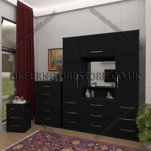 Black 2 Door Wardrobe, Vanity, Chest, Drawers & Nightstand