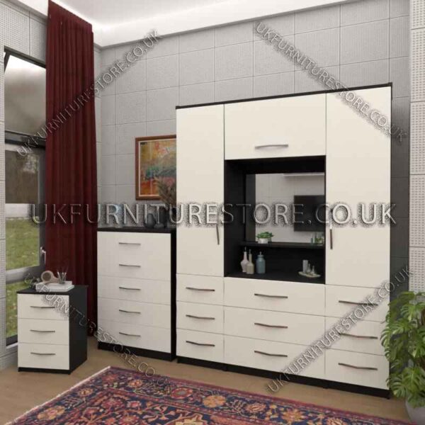 Front White Side Black 2 Door Wardrobe, Vanity, Chest, Drawers & Nightstand