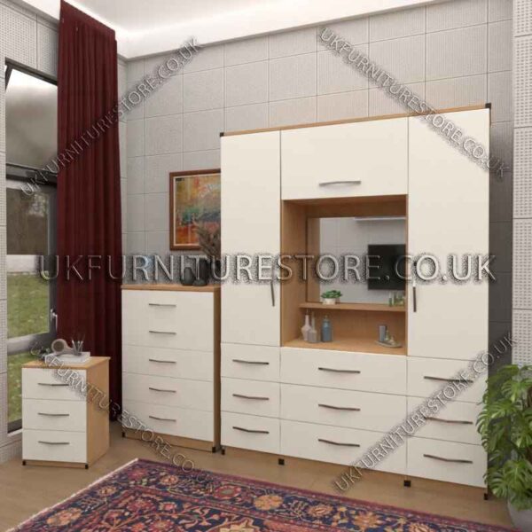 Front White Side Oak 2 Door Wardrobe, Vanity, Chest, Drawers & Nightstand