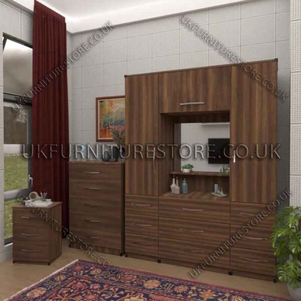 Walnut 2 Door Wardrobe, Vanity, Chest, Drawers & Nightstand