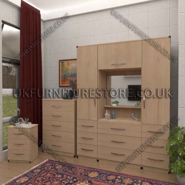 Oak 2 Door Wardrobe, Vanity, Chest, Drawers & Nightstand
