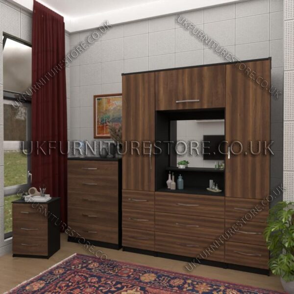 Front Walnut Side Black 2 Door Wardrobe, Vanity, Chest, Drawers & Nightstand