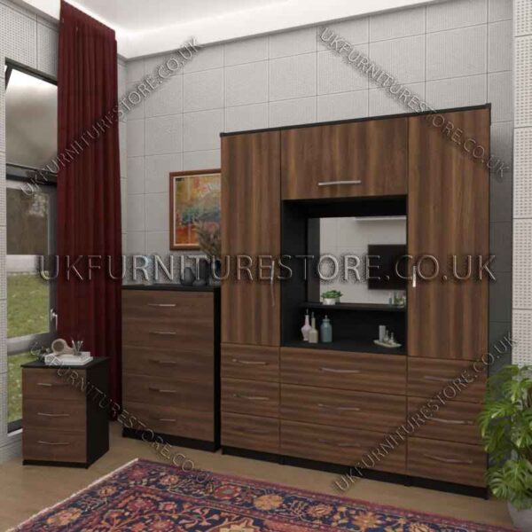 Front Walnut Side Black 2 Door Wardrobe, Vanity, Chest, Drawers & Nightstand