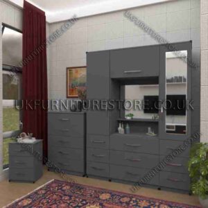 Gray 2 Door 1 Mirror Wardrobe Set, Vanity, Chest, Drawers & Bedside