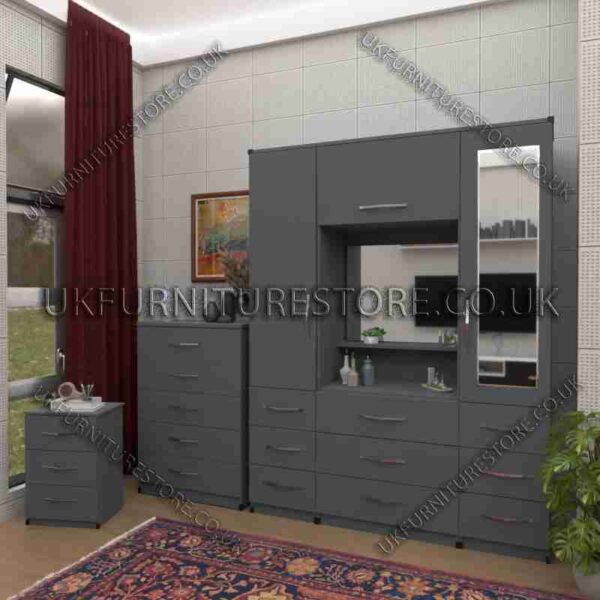 Gray 2 Door 1 Mirror Wardrobe Set, Vanity, Chest, Drawers & Bedside