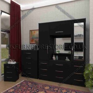 Black 2 Door 1 Mirror Wardrobe Set, Vanity, Chest, Drawers & Bedside