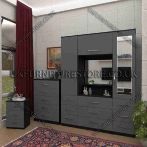 Front Gray Side Black 2 Door 1 Mirror Wardrobe Set, Vanity, Chest, Drawers & Bedside
