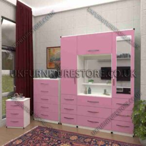 Front Pink Side White 2 Door 1 Mirror Wardrobe, Vanity, Chest, Drawers & Bedside Set