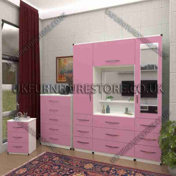 Front Pink Side White 2 Door 1 Mirror Wardrobe, Vanity, Chest, Drawers & Bedside Set